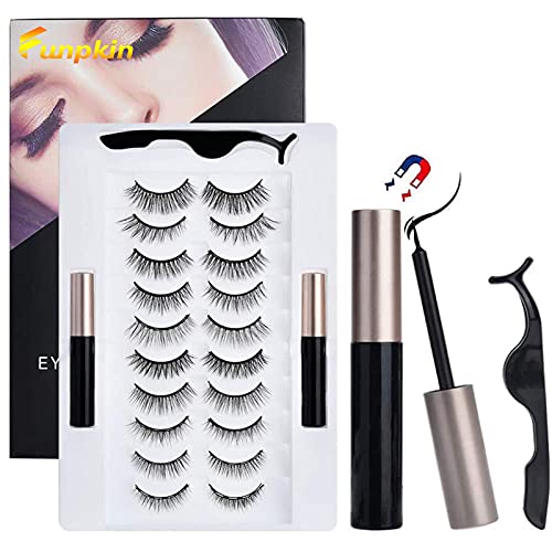 Reusable Magnetic Eyelash Kits - FUNPKIN 10 Pairs Magnetic Eyeliner Lashes Set, 3D 6D Natural Look Fake Eyelashes, Waterproof, Mixed Size, No Needed Glue, 1 Tweezers & 2 Tube Magnetic Eyeliner