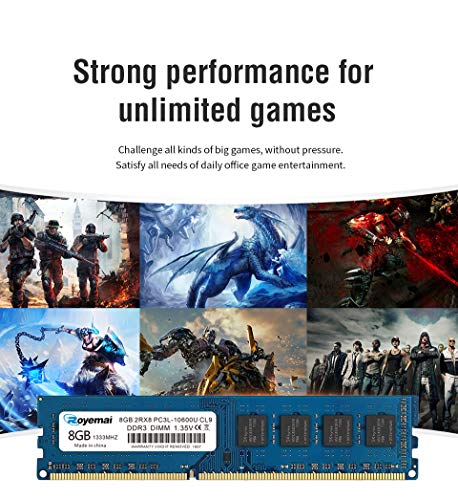 Image of ROYEMAI 8GB DDR3 /DDR3L 1333MHz UDIMM, PC3 /PC3L -10600 UDIMM 1.35V /1.5V CL9 2RX8 Non ECC Unbuffered Dual Rank 240 Pin Desktop RAM Computer Memory Module
