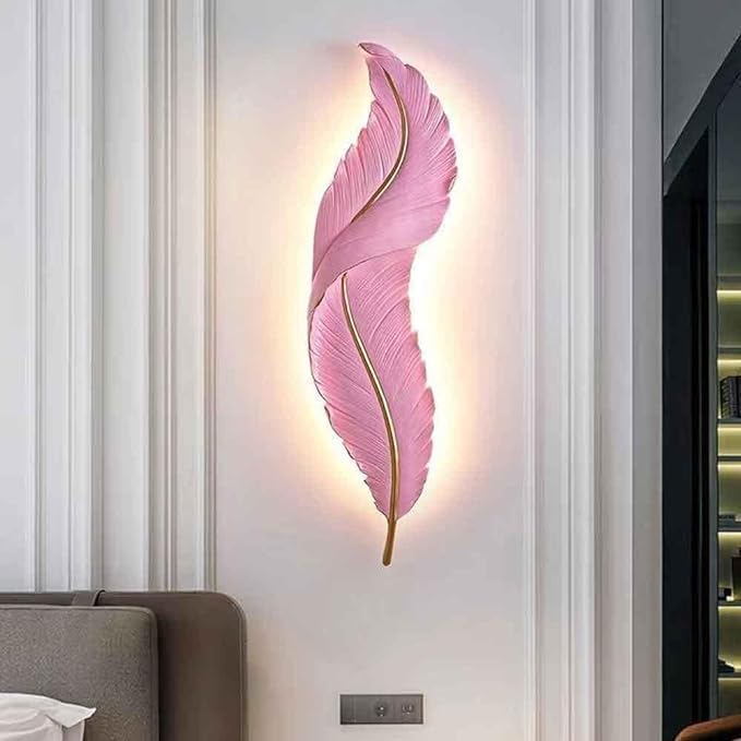 Image of Modern Pink Decorative 3-Color LED Warm White, Natural White & Cool White LED Feather Design Wall Lamp Sconce for Living Room, Bedroom, Hallway, Hotel, Staircase, Drawing Room,Reception