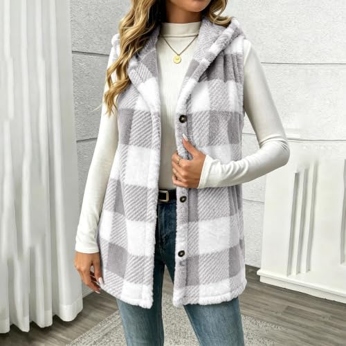 Fleece Vest Women Striped Plaid Button Down Flannel Fuzzy Oversized Vest - image 7