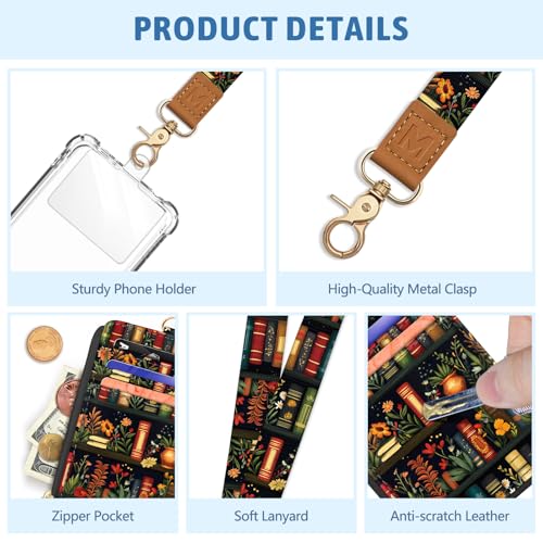 Plant Book Shelf Lanyard Wallet with ID Badge Holder, Floral Small RFID Wallet Women Keychain Wristlet, Slim Credit Card Holder with Zipper Pocket Phone Lanyard Wrist Strap Office Teacher Gift