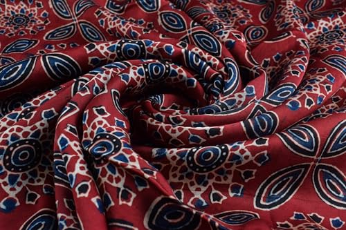 Image of Ethnics of Kutch Women's Ajrakh Modal Silk Natural Dye Hand Block Print Unstitched Kurta Fabric Mtr Length (2.5 Mtrs - Red 0640AC)