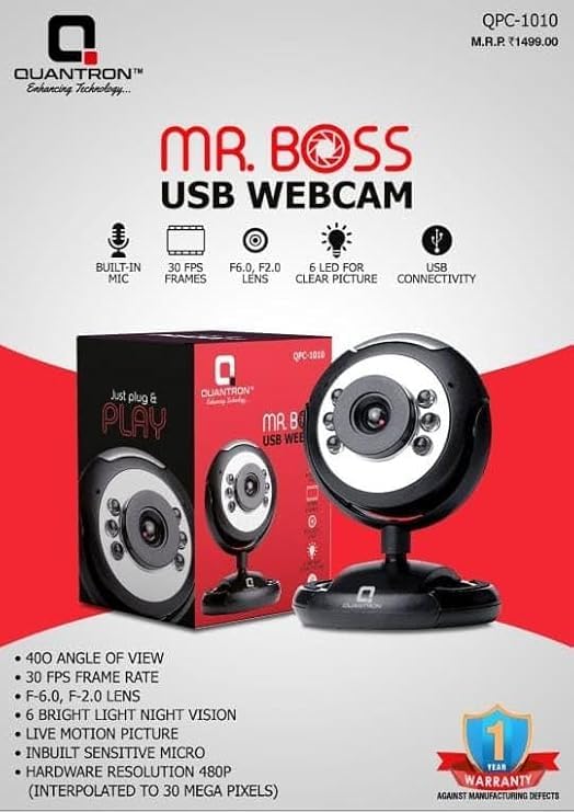 Quantron MR. BOSS QPC-1010 USB Webcam with 6 LED Lights, 30 FPS Frame Rate, Built-in Microphone, 480P Hardware Resolution, Night Vision