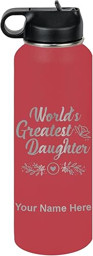 Miniatura 12 de LaserGram Personalized Water Bottle, World's Greatest Daughter, Stainless Steel Double Wall Vacuum Insulated with Flip Top Straw, Custom Engraved