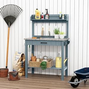 Outdoor Potting Bench Table with Metal Tabletop Planting Table Potting Work Station with Storage Drawer and Removable Shelf Rack Garden Potting Table for Outdoors