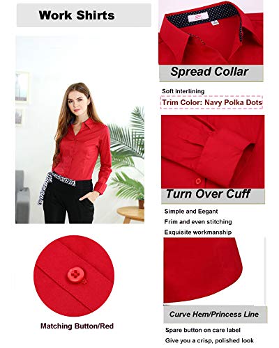 Womens Button Down Shirts Long Sleeve Regular Fit Cotton Stretch Work Blouse Red L