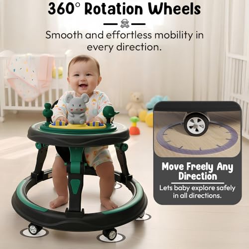 Image of StarAndDaisy Baby Walkers for 9+ Or 16 Month Baby boy & Girl 360 Walker for Kids for 7 Level Height Adjustment, Baby Walker with Switchable Food & Musical Toy Tray -Green Black