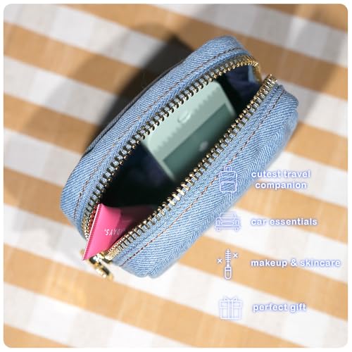 dreamie - Denim Makeup Bag, Travel Cosmetics Pouch, Toiletry Bag, Gold Zipper Pouch Purse, Cute Make Up Organizer Storage Tote for Women Girls, Travel Skincare, Small Makeup Bag - Denim Blues3