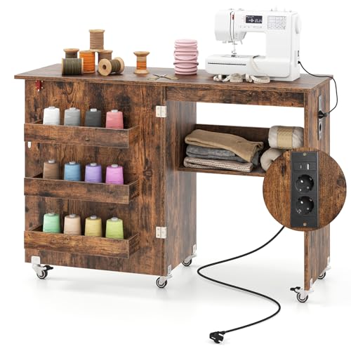 COSTWAY 2 in 1 Nähtisch klappbar mit Ladestation, Nähmaschinenschrank aus Holz mit Regalen, Nähschrank mit abschließbaren Rädern, Nähmaschinentisch Basteltisch für Wohnzimmer, Schlafzimmer (Braun)