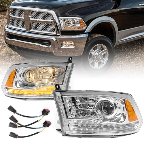 MIEF ROD Headlights Assembly Fit for Dodge Ram 1500 2500 3500 2013-2018 Projector Models and 2009-2018 Quad Beams Models Halogen Headlamp Replacement with LED Position Light (Chrome Housing)