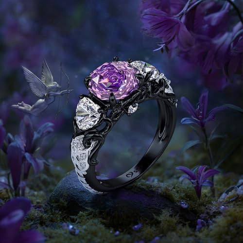 Image of Jeulia Women's Three-Stone Purple Rose Ring, Sterling Silver Black Plated, Shakespeare Inspired Midsummer Night Love-in-idleness Ring, Romantic Gift for Her