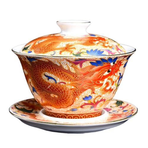 Vlfn 蓋碗 三才碗 陶磁器製 琺瑯彩 大容量 急須不要 おしゃれ 和モダン 日本茶 中国茶 玉露煎茶に 家庭用 茶器セット ギフト 父の日贈答品に最適 鉛不使用 丈夫な仕上げ (龍)