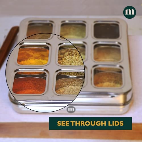 Image of MARU Stainless Steel, Masala Dabba Steel Masala Box For Kitchen Steel | Masala Dani For Kitchen See Through Lid (9 IN 1 Without inside), Silver