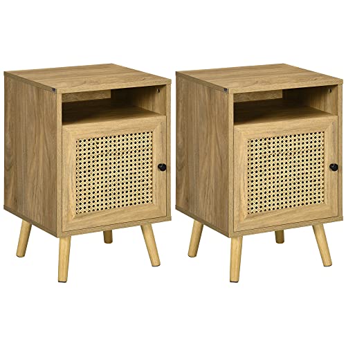 {Mesitas de Noche Vintage Baratas Mesitas de Noche Vintage HOMCOM Juego de 2 Mesitas de Noche con Puerta de Ratán Mesillas de Noche con Estante Abierto Mesas Auxiliares para...