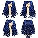 ANOGOL Hair Cap + Blue Mix Black Wig Costume With 2 Curly Ponytail Wig Long Curly Wig For Cosplay & Halloween Party
