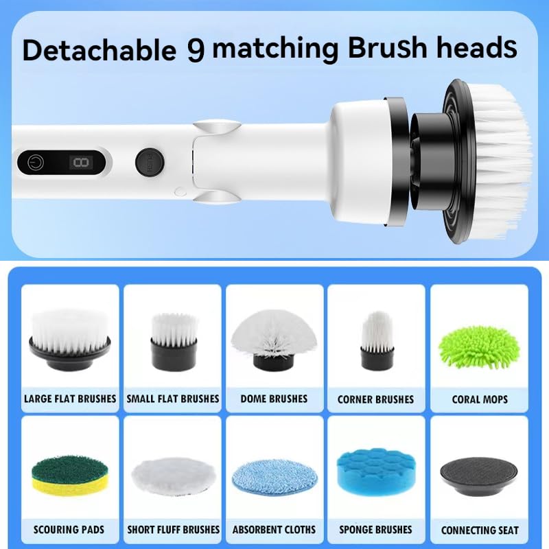 Image of 9 in 1 Cordless Electric Scrubber, 360 Rotating Cleaning Brush for Home, 9 Replaceable Heads, 2 Speed Settings, 90 Minutes Runtime, Adjustable Length for Bathroom, Kitchen, Car, and Floors
