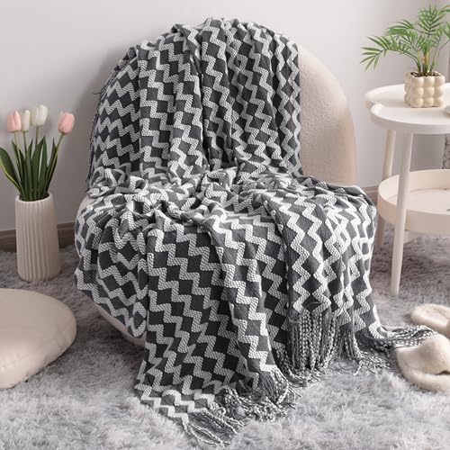 NTBAY Acrylic Knitted Throw Blanket, Lightweight and Soft Cozy Decorative Woven Blanket with Tassels for Travel, Couch, Bed, Sofa, 51x67 Inches, Grey Wave