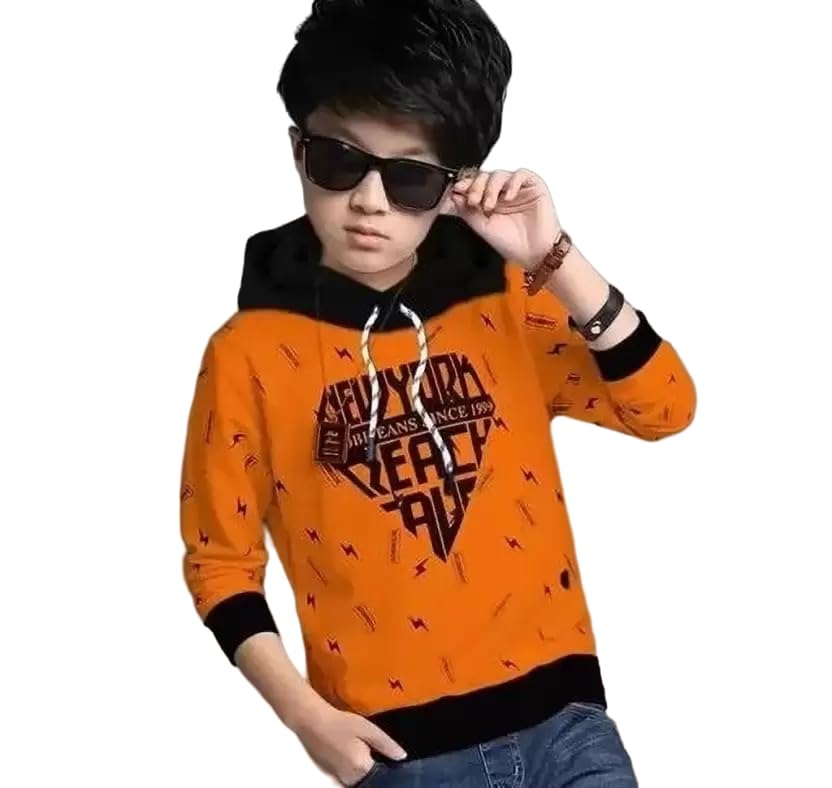 TRENDS OF ITALLYTrends of Italy Boys Stylish Cotton Graphic Print Hood T-Shirt Orange, 12-13 Years (KD-Hood-NYC-Orange_12-13 Years)