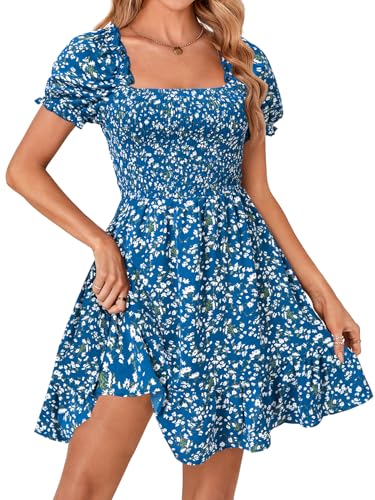 Rooscier Women's Summer Boho Floral Print Square Neck Smocked Ruffle Swing Beach Mini Dress4