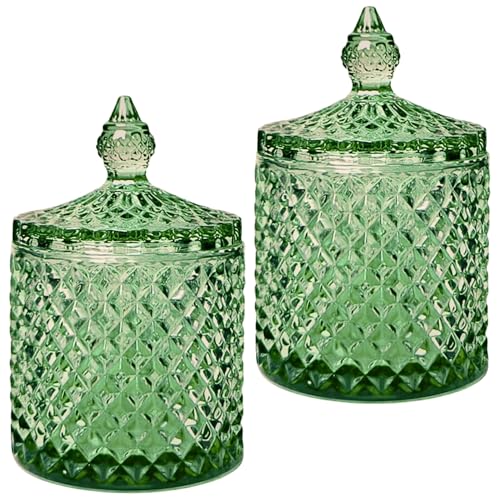 HANFCO Lot de 2 pots d'apothicaire rétro en verre vert de 283,5 g avec couvercles pour coiffeuse, coiffeuse, accessoires de salle de bain, cadeau pour femme
