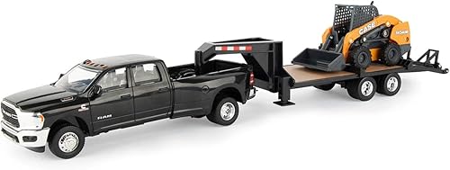 Case IH 1/32 Big Farm Ram Dually Quad Cab con remolque Lowboy y estuche SV340B Skidsteer Loader 47155