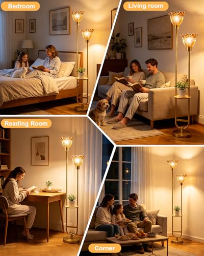 Image of Lightdot 2-Lights Modern Glass Floor Lamp with Table Gold Standing Tall Lamps with Amber Floral Glass Shade,LED Floor Lamp with Foot Switch for Living Room Bedroom Home Decor (3000K Bulbs Included)