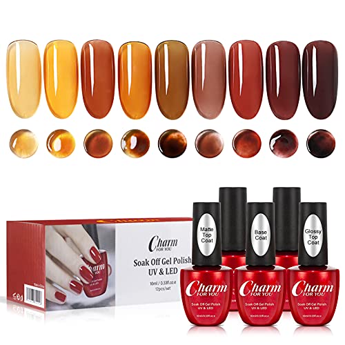Amber Color Gel Nail Polish Set - Yellow Red Brown Leopard Print 10 ml Polishes for Nail Art Design, Soak Off UV/LED Nail Manicure Gel Gift Set with Base Coat Top Coat for Home Use Nail Starter