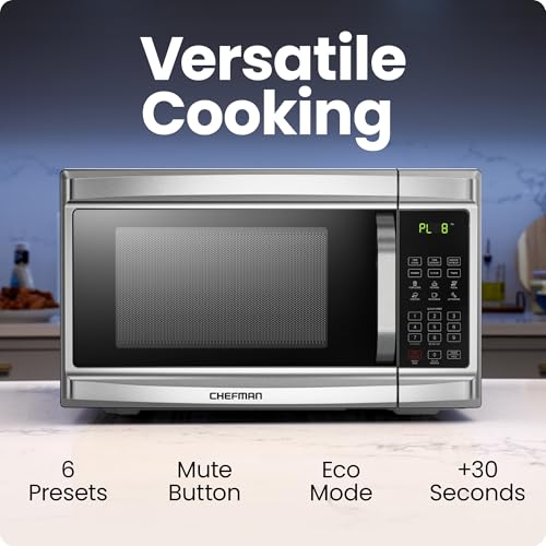 Image of Chefman Countertop Microwave Oven, 1.3 Cu. Ft. Digital, Stainless Steel, 1000 Watts, with 6 Auto Menus, 10 Power Levels, Eco Mode, Memory, Mute Function, Child Safety Lock, Easy Clean Microwave Ovens