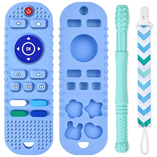 Silicone Baby Teething Toys, Remote Control Shape Teethers Toys with Teething Tubes and Pacifier Clip, Baby Teething Toys for 3 Months+, Remote Teething Toy BPA Free/Freezable/Dishwasher Safe(Blue)
