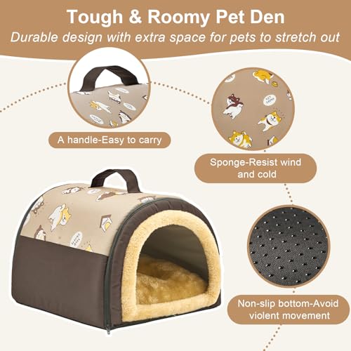 Jiupety Hundehütte Indoor, 2-in-1 Katzenhöhle, Größe S Hundehöhle Kleine Hunde für Katze und Welpe, Warme Höhle Schlafnest, Braun