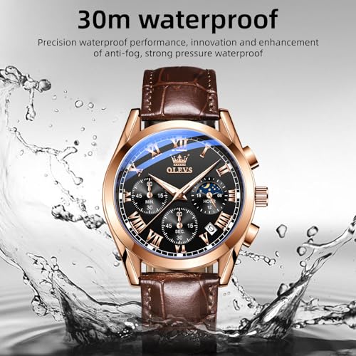 Image of OLEVS Men's Leather Analog Quartz Watch - Luxury Chronograph Wristwatch with Date, Waterproof, Luminous - Dress Style