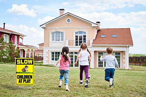 MuaToo Slow Children at Play Yellow Yard Sign, Warning Signs on Lawns, Sidewalks, Yards and Sriveways - with Metal Wire H-Stakes, Double-Sided Printing(Sign Size 9\" X 12\")
