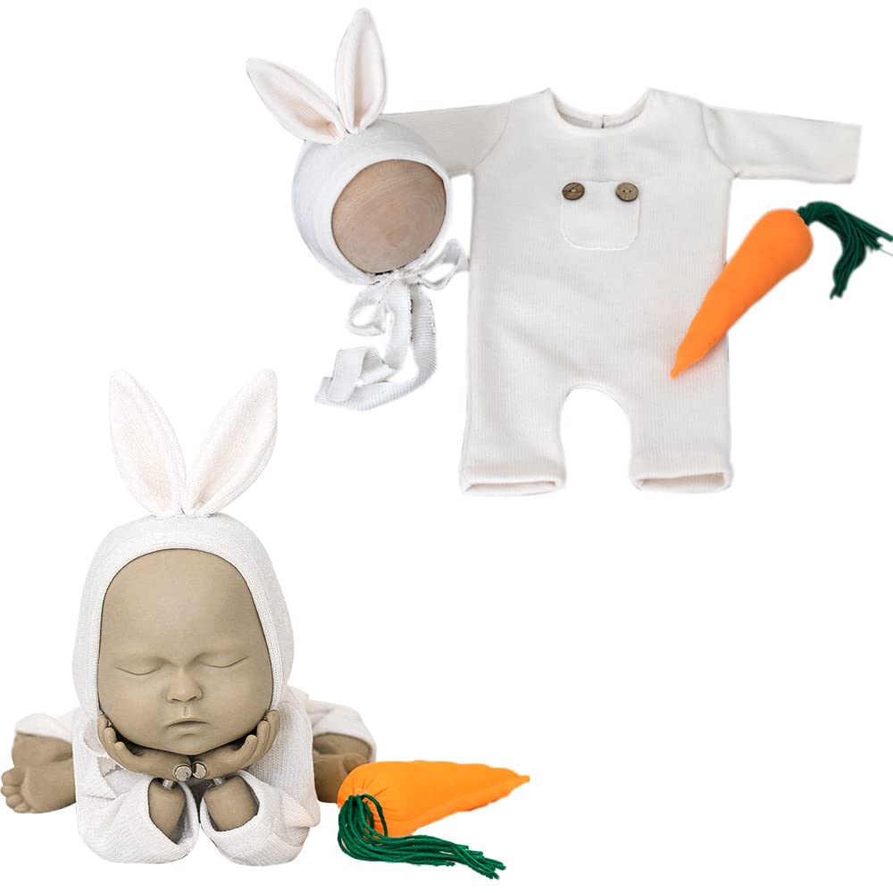 Surakey Newborn Baby Cute Jumpsuit with Rabbit Carrot Photo Prop Outfits for Boys Girls Knitted Romper Photography Costume (White)
