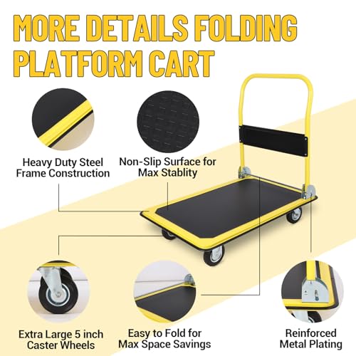 Image of Foldable Platform Truck 1100 Lbs Capacity Steel Flat Push Dolly with 5 inch Wheels 36 inch x 24 inch Heavy Duty Flatbed Hand Cart for Home Garden Office Warehouse Loading and Moving