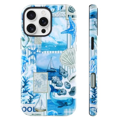 Image of Magnetic for iPhone 16 Pro Max Case for Women Girl, Seashell Ocean | Stylish Ocean Whale Collage Design [Compatible with MagSafe] 2-Layer Hybrid Shockproof Glossy Protective Cover
