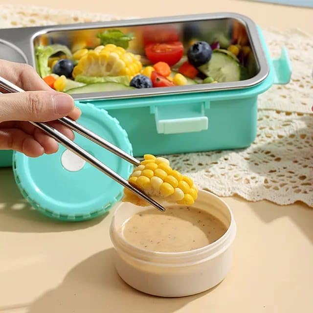 Image of Lunch Buddy Stainless Steel Bento Lunch Box Set for Food 600ml, 2 Compartment, 150ml Container 100% Leak-Proof Design Lunchbox for Office Adults & School Kids (Green)