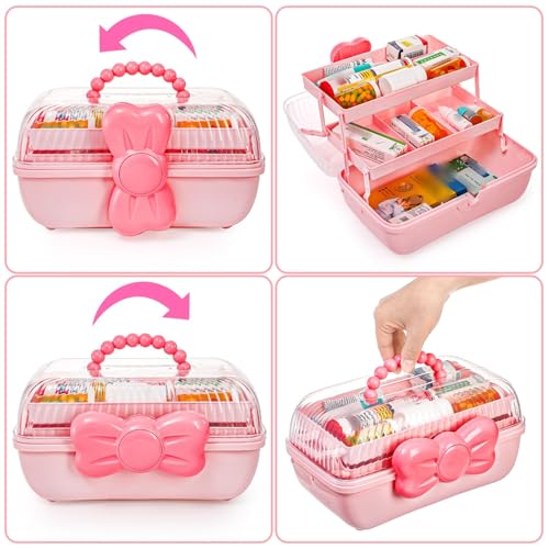 Image of Noamus 11 inch Three-Layer Multipurpose Storage Box, Clear Plastic Art Craft Organizer, Portable First Aids Case with Handle Trays for Kids, Sewing Makeup Nail Hair Accessories, Home School Office(Pink)