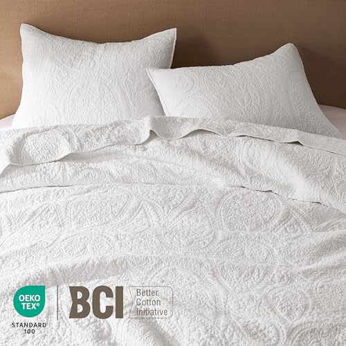Image of palassio White Paisley 100% Cotton Quilt Twin Size Bedding Sets with 1 Pillow Sham, Boho Floral Lightweight Farmhouse Country Vintage Soft Bedspread Shabby Chic Coverlet for All Season, 2 Pieces