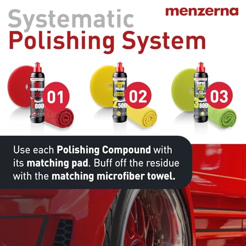 Image of menzerna Polishing Set 8oz - HCC1000, MCC2500 & SFP3800 | 3-Step System incl. 3 Matching 6-Inch Pads & 3 Matching Microfiber Towels for Scratch Removal, Swirl Elimination & Mirror-Like Finish