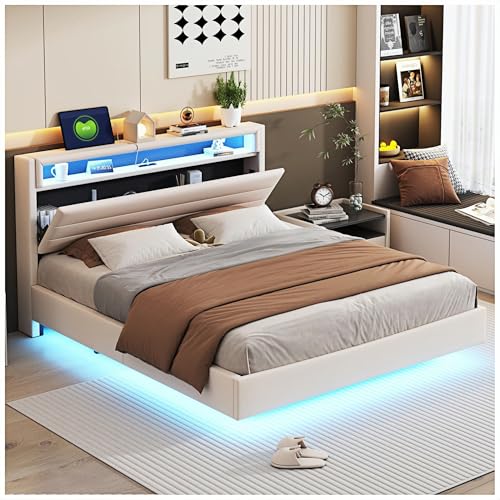 Wyibwy Cama de matrimonio, 160 x 200 cm, cama acolchada con enchufe USB y luz LED, cabecero reversible, pie retráctil, cama de una plaza y media (sin colchón)
