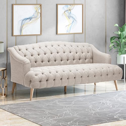 Image of Modern Wingback Tufted Velvet Loveseat, 73.25 inch 3 Seat Sofas Settee Bench Banquette Chesterfield Love Seat with High Back Thick Padded Cushioned Upholstered Couch for Living Room, Victorian, Beige