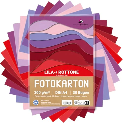 MarpaJansen Fotokarton 30 Bogen in 10 Lila/Rotton Farben, DIN A4, 300 g/m²