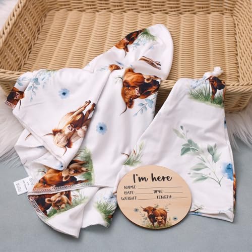 Image of Ylsteed Baby Highland Cow Swaddle Blanket and Headband Set, Newborn Receiving Blanket Swaddle Wrap for Girls and Boys, Swaddling Blankets Neutral for Newborn 32 * 32 in (Highland Cow Blue)
