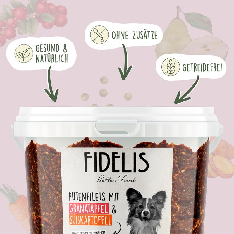 Fidelis - Putenfilets Granatapfel & Süßkartoffel für Hunde im praktischen 500gr-Eimer - Luftgetrocknete Hunde Leckerlis aus 100% natürlichen Rohstoffen