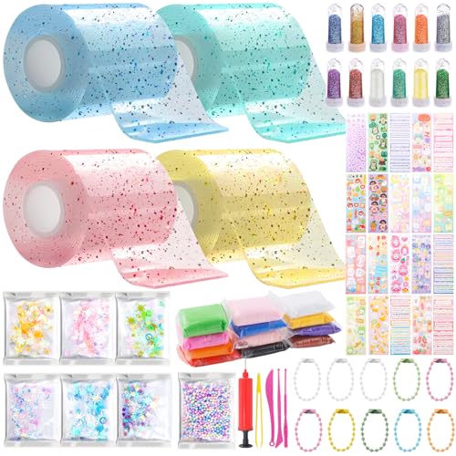 Nano Tape Bubble Kit for Kids 77Pcs DIY Nano Tape Bubble Craft Kit Nano Tape Kit for Making Bubbles with Pump Sequins Glitter Powder Stickers Clay Tools Double Sided Nano Tape