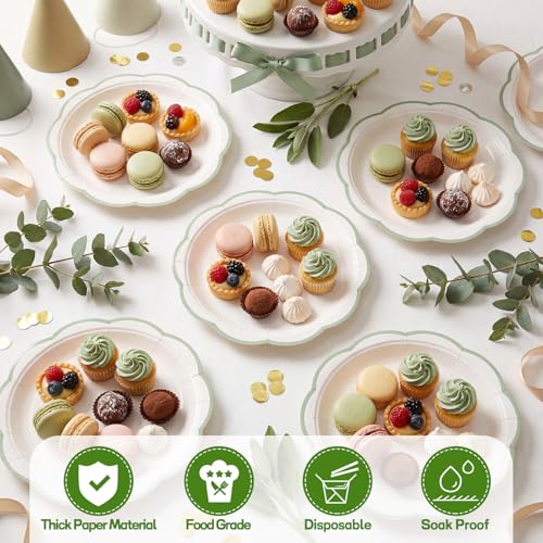 Image of NatNarr 30 Pcs Sage Green and White Paper Plates, 7 Inch White Plates with Sage Green Trim Scalloped Paper Plate Disposable for Baby Shower, Wedding, Bridal Shower, Birthday
