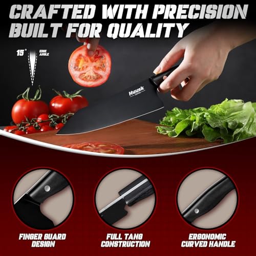 Image of Huusk Japanese Chef Knife for Kitchen - 7 inch Kirisuke Knife with Black Titanium Coating, Stainless Kitchen Cooking Knifes for Vegetable & Meat Cutting, Ultra Sharp Sushi Knives, Men's Gifts
