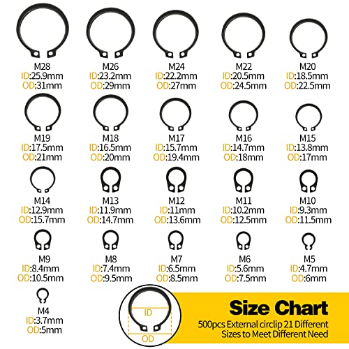 Image of Shop Assortment - 500pcs Retaining Ring Set, M4-M28, 21 Sizes Alloy Steel Circlip Snap Ring Set