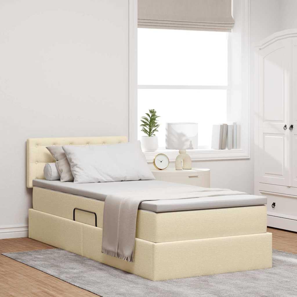 Cama de almacenamiento LED color crema 90 x 190 cm con colchón, cabecero ajustable, espacio de almacenamiento, funda de tela, tira LED USB, cama individual moderna para dormitorio con