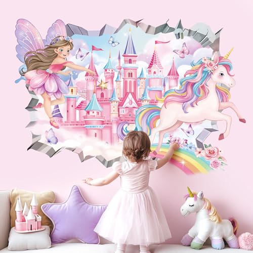 decalmile 3D Fairy Princess Wall Decals Castle Unicorn Crack Hole Rainbow Wall Stickers Girls Bedroom Baby Nursery Kids Room Wall Decor